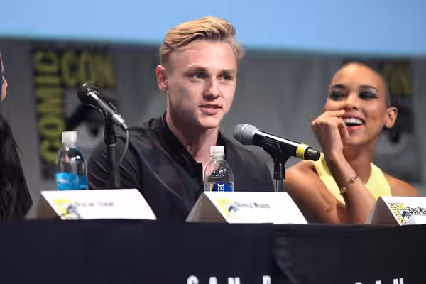 Ben Hardy and Alexandra Shipp speaking at the 2015 San Diego Comic Con International, for "X-Men: Apocalypse", at the San Diego Convention Center in San Diego, 