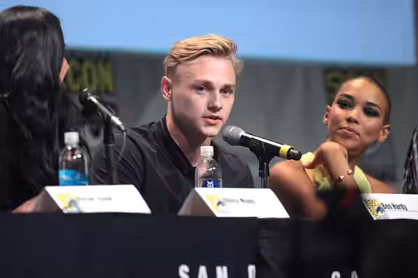 Ben Hardy and Alexandra Shipp speaking at the 2015 San Diego Comic Con International, for "X-Men: Apocalypse", at the San Diego Convention Center in San Diego, 