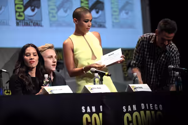 Olivia Munn, Ben Hardy, Alexandra Shipp and Simon Kinberg speaking at the 2015 San Diego Comic Con International, for "X-Men: Apocalypse", at the San Diego Conv