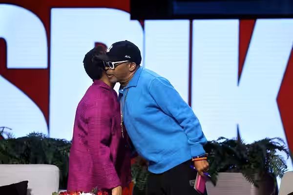 Lois Brown and Spike Lee speaking at the 2025 Delivering Democracy Lecture at Pilgrim Rest Baptist Church in Phoenix, Arizona. Please attribute to Gage Skidmore
