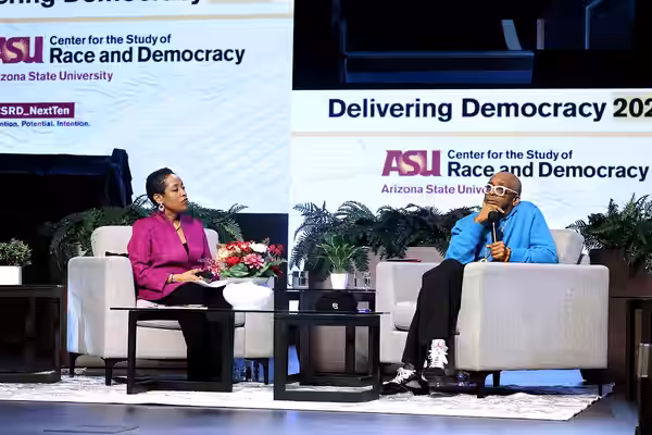 Lois Brown and Spike Lee speaking at the 2025 Delivering Democracy Lecture at Pilgrim Rest Baptist Church in Phoenix, Arizona. Please attribute to Gage Skidmore
