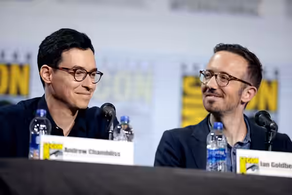 Andrew Chambliss and Ian Goldberg speaking at the 2019 San Diego Comic Con International, for "Fear the Walking Dead", at the San Diego Convention Center in San