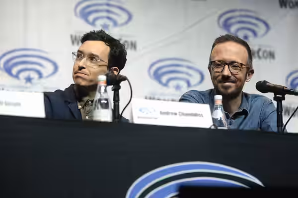 Andrew Chambliss and Ian Goldberg speaking at the 2018 WonderCon, for "Fear the Walking Dead", at the Anaheim Convention Center in Anaheim, California. Please a