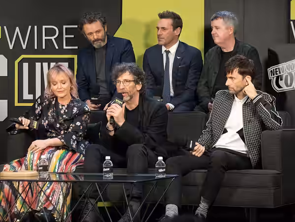 Good Omens panel at New York Comic Con in October 2018. Front: Miranda Richardson, Neil Gaiman, David Tennant. Rear: Michael Sheen, Jon Hamm, Douglas Mackinnon.