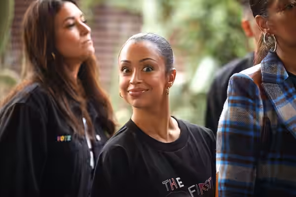 Liza Koshy speaking with attendees at a "Pachanga to the Polls" event for the Kamala Harris for President campaign at Ocotillo in Phoenix, Arizona. Please attri (2024)