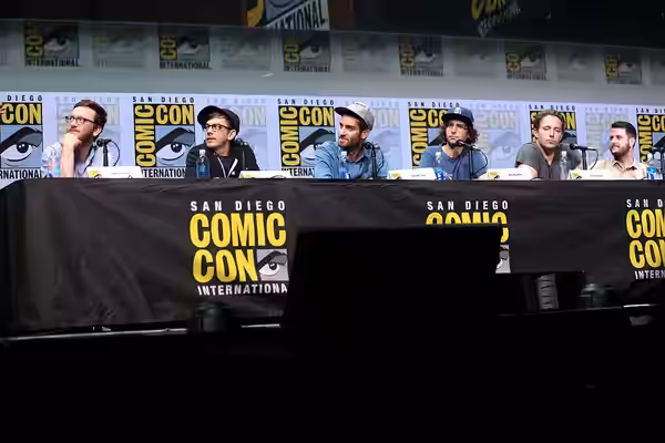 Akiva Schaffer, Jorma Taccone, Dave McCary, Kyle Mooney, Beck Bennett and Kevin Costello speaking at the 2017 San Diego Comic Con International, for "Brigsby Be