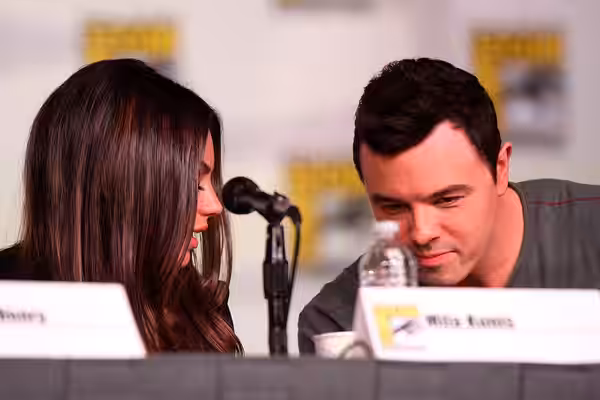 Mila Kunis &amp; Seth MacFarlane speaking at the 2012 San Diego Comic-Con International in San Diego, California. Please attribute to Gage Skidmore if used else