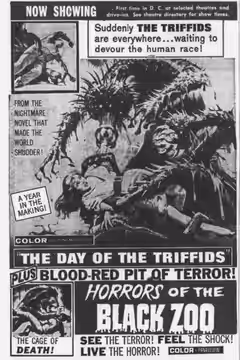 Theater advertisement for the films, The Day of the Triffids &amp; Horrors of the Black Zoo. 15 Nov 1963.