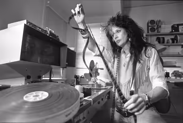 Penelope Spheeris editing her film "Dudes" in Los Angeles, California on November 20, 1986