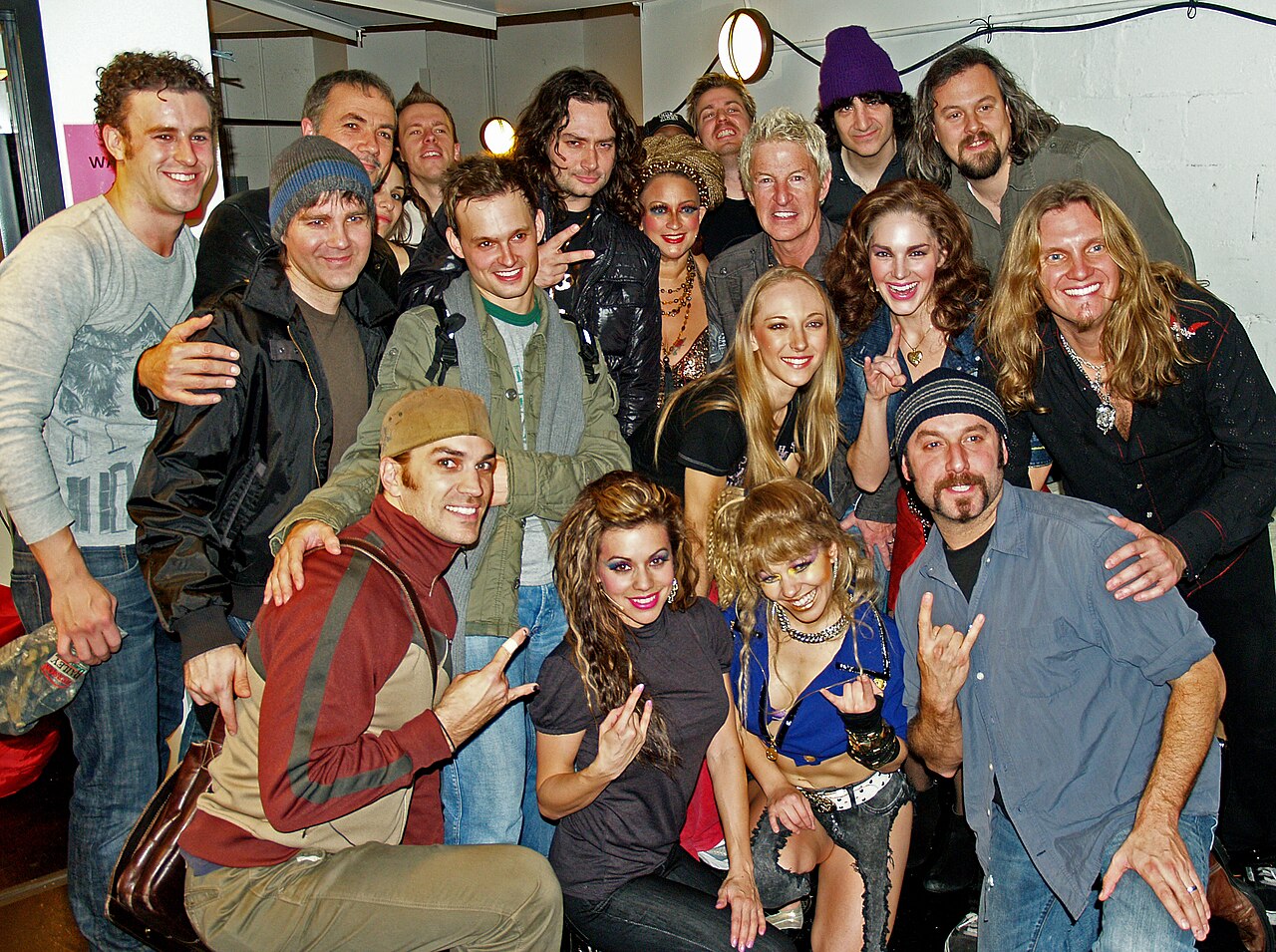 Constantine Maroulis and the 2008 cast of the off-Broadway musical Rock of Ages. From left to right: First Row - Will Swenson (Stacee Jaxx), Angel Reed (Young G