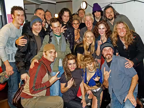 Constantine Maroulis and the 2008 cast of the off-Broadway musical Rock of Ages. From left to right: First Row - Will Swenson (Stacee Jaxx), Angel Reed (Young G