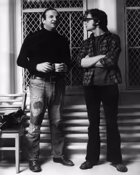 Bo Goldman (left) and Michael Douglas on the set of Milos Forman's "One Flew Over the Cuckoo's Nest." (1975)