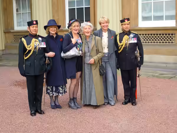 Photograph of actress Phyllida Law (centre) flanked by her daughters Sophie Thompson and Emma Thompson taken at an Investiture at Buckingham Palace when she rec (2014)