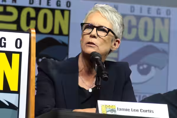Yvette Nicole Brown, Jamie Lee Curtis, David Gordon Green, Malek Akkad and Jason Blum speaking at the 2018 San Diego Comic Con International, for "Halloween", a