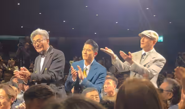 Chow Yun-fat, Aaron Kwok, and Daniel Wu attending the Hong Kong premiere at Xiqu Centre, West Kowloon in April 2026