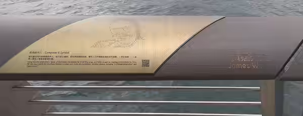 ​香港尖沙咀星光大道上歌曲創作人黃霑的介紹牌及肖像圖（編號：87）。 (2019)