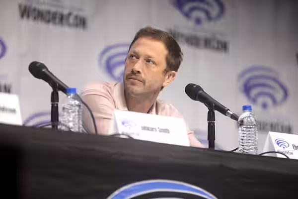 Ebon Moss-Bachrach speaking at the 2019 WonderCon, for "NOS4A2", at the Anaheim Convention Center in Anaheim, California. Please attribute to Gage Skidmore if u