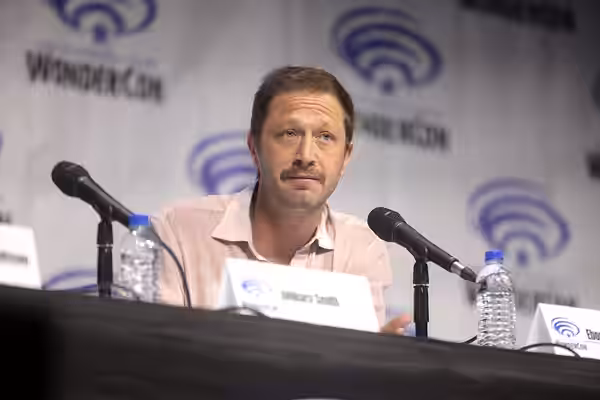Ebon Moss-Bachrach speaking at the 2019 WonderCon, for "NOS4A2", at the Anaheim Convention Center in Anaheim, California. Please attribute to Gage Skidmore if u