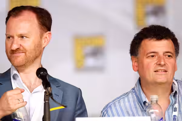 Mark Gatiss and Steven Moffat speaking at the 2013 San Diego Comic Con International, for "Sherlock", at the San Diego Convention Center in San Diego, Californi