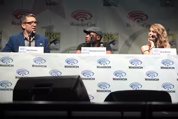 Rob Thomas, Malcolm Goodwin and Rose McIver speaking at the 2015 Wondercon, for "iZombie", at the Anaheim Convention Center in Anaheim, California. Please attri