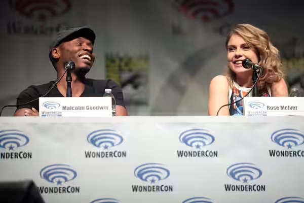 Malcolm Goodwin and Rose McIver speaking at the 2015 Wondercon, for "iZombie", at the Anaheim Convention Center in Anaheim, California. Please attribute to Gage