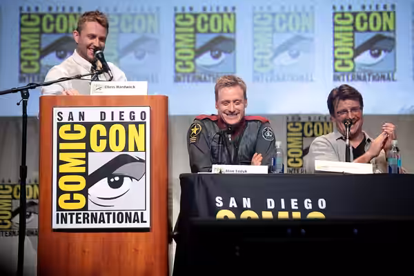 Chris Hardwick, Alan Tudyk and Nathan Fillion speaking at the 2015 San Diego Comic Con International, for "Con Man", at the San Diego Convention Center in San D