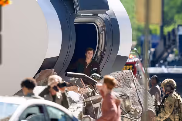 Actor Skyler Gisondo as Jimmy Olsen on the set of Superman in Cleveland in June 2024.