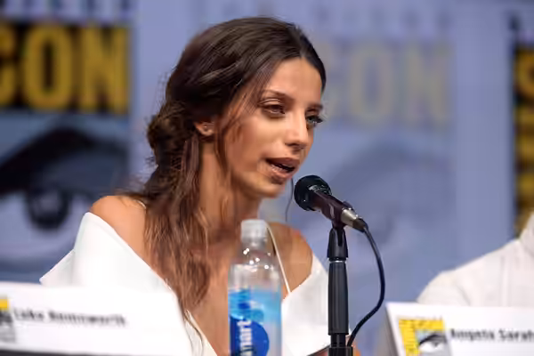 Angela Sarafyan speaking at the 2017 San Diego Comic Con International, for "Westworld", at the San Diego Convention Center in San Diego, California. Please att