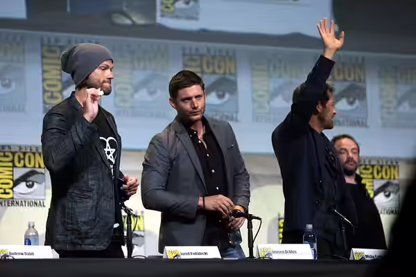 Jared Padalecki, Jensen Ackles, Misha Collins and Mark A. Sheppard speaking at the 2016 San Diego Comic Con International, for "Supernatural", at the San Diego 