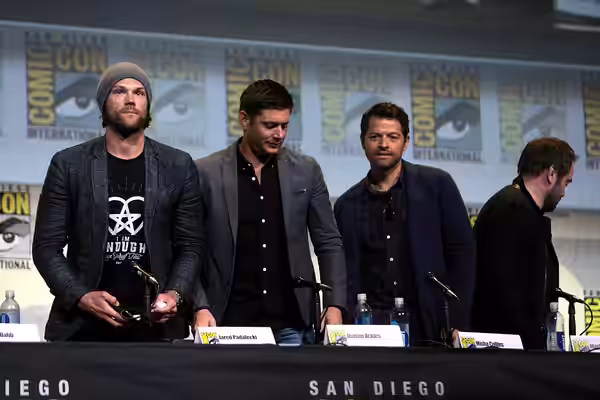 Jared Padalecki, Jensen Ackles, Misha Collins and Mark A. Sheppard speaking at the 2016 San Diego Comic Con International, for "Supernatural", at the San Diego 