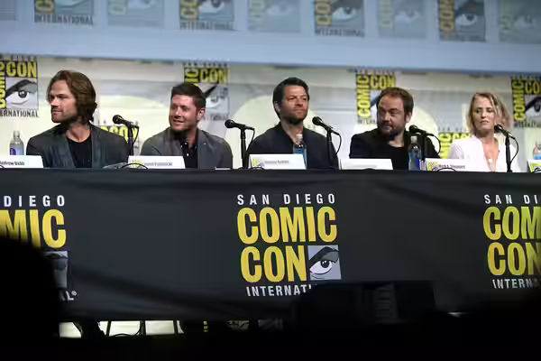 Jared Padalecki, Jensen Ackles, Misha Collins, Mark A. Sheppard and Samantha Smith speaking at the 2016 San Diego Comic Con International, for "Supernatural", a