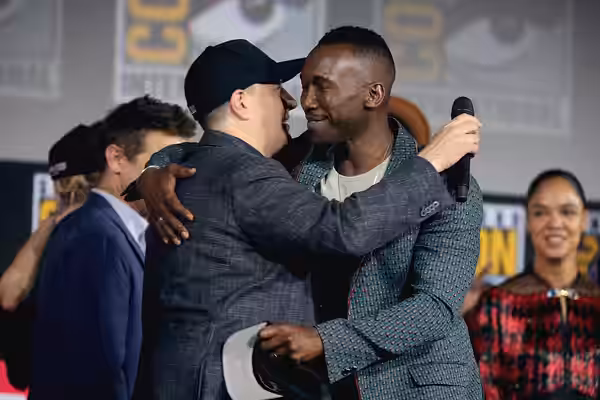 Kevin Feige and Mahershala Ali speaking at the 2019 San Diego Comic Con International, for "Blade", at the San Diego Convention Center in San Diego, California.