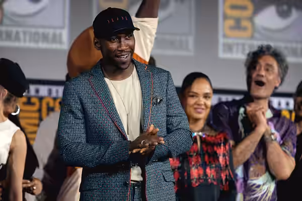 Mahershala Ali speaking at the 2019 San Diego Comic Con International, for "Blade", along with Tessa Thompson and Taika Waititi, at the San Diego Convention Cen