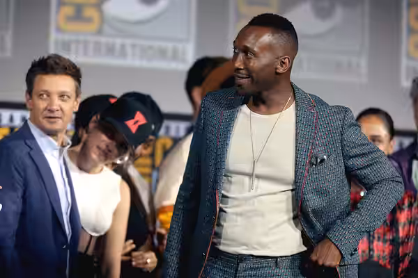 Mahershala Ali speaking at the 2019 San Diego Comic Con International, for "Blade", along with Jeremy Renner and Scarlett Johansson, at the San Diego Convention