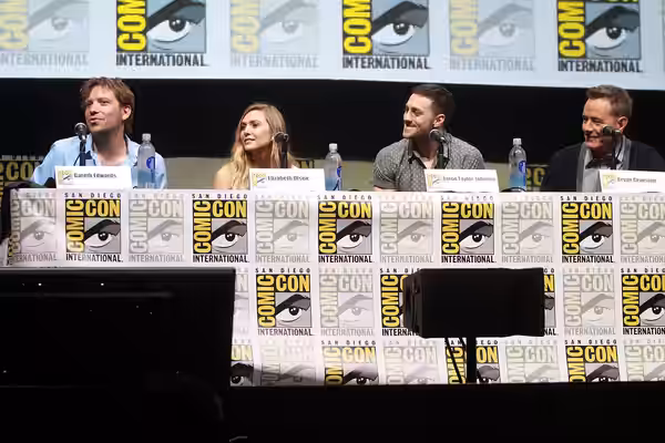 Gareth Edwards, Elizabeth Olsen, Aaron Taylor-Johnson and Bryan Cranston promoting the film Godzilla at the 2013 San Diego Comic Con International. Please attri