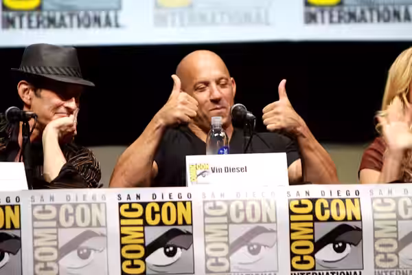 David Twohy and Vin Diesel speaking at the 2013 San Diego Comic Con International, for "Riddick", at the San Diego Convention Center in San Diego, California. P