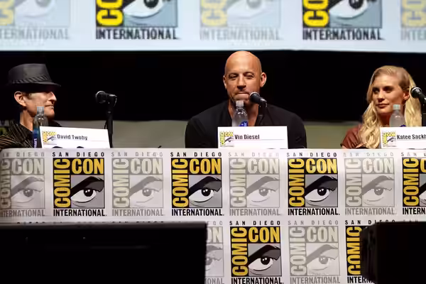 David Twohy, Vin Diesel and Katee Sackhoff speaking at the 2013 San Diego Comic Con International, for "Riddick", at the San Diego Convention Center in San Dieg