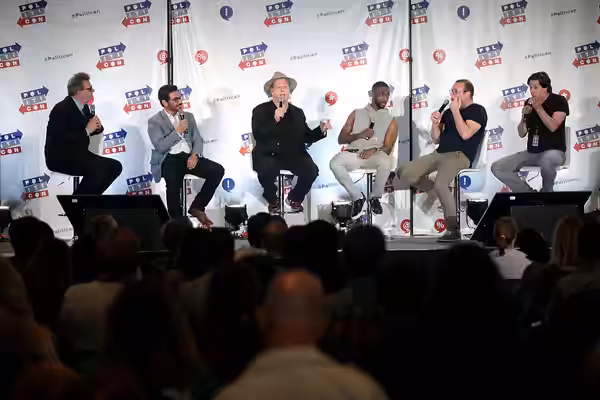 Greg Proops, Al Madrigal, Darrell Hammond, Jay Pharoah, James Adomian and Anthony Atamanuik speaking at the 2016 Politicon at the Pasadena Convention Center in 