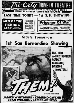Tri-City Drive-In theater advertisement for the American sci-fi film Them! (1954). From the 22 June 1954 San Bernardino Sun.