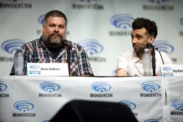 Dean DeBlois and Jay Baruchel speaking at the 2014 WonderCon, for "How to Train Your Dragon 2", at the Anaheim Convention Center in Anaheim, California.