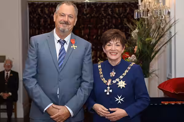 Peter Elliott, after his investiture as ONZM, for services to the performing arts and baseball, by the governor-general, Dame Patsy Reddy, at Government House,  (2021)