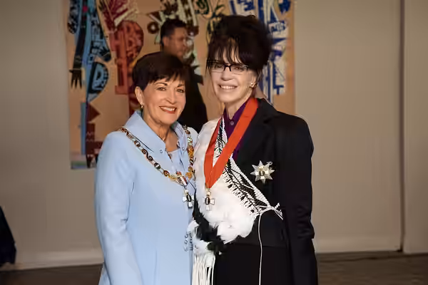 Dame Fran Walsh (right), after her investiture as DNZM, for services to film, by the governor-general, Dame Patsy Reddy, at Government House, Auckland, on 3 Sep (2019)