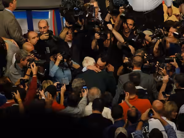 Coach K embraces mentor Bob Knight after passing him for the all time Division I men's basketball wins list. (2011)