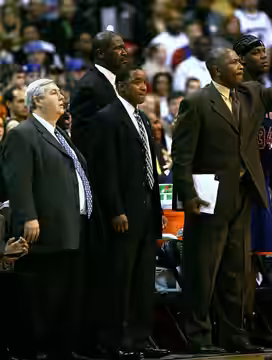 New York Knicks coaches during the Knicks' game at the Washington Wizards on Jan. 17, 2007. Left to right: assistant coach Brendan Suhr, assistant coach Herb Wi