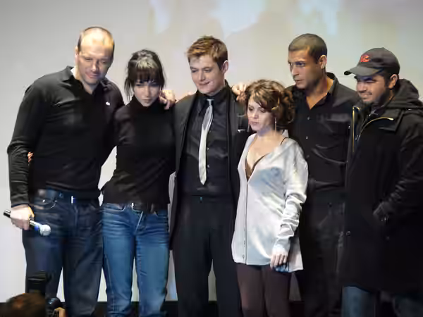Cast of French film Frontière(s). Photo shot in Gerardmer during Fantastic'arts festival. From left to right : Samuel Le Bihan, Karina Testa, Aurélien Wiik, Mau (2008)