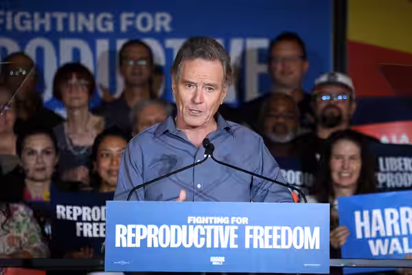 Bryan Cranston speaking with supporters at a reproductive freedom rally at Warehouse 215 in Phoenix, Arizona. Please attribute to Gage Skidmore if used elsewher (2024)