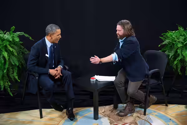 United States President Barack Obama being interviewed by Zach Galifianakis for "Between Two Ferns with Zach Galifianakis," in the Diplomatic Reception Room of 