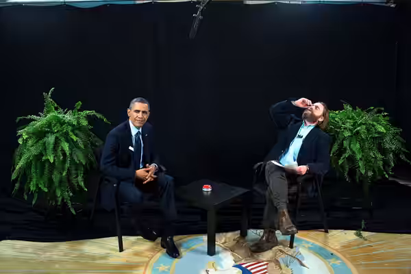 President Barack Obama participates in an interview with Zach Galifianakis for "Between Two Ferns with Zach Galifianakis" in the Diplomatic Reception Room of th