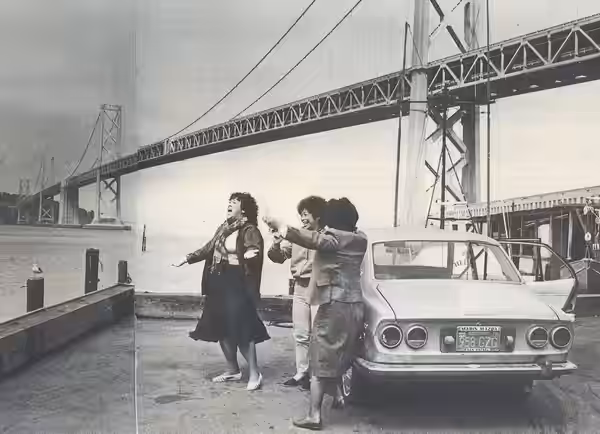 Actor Amy Hill, Laureen Chew and Rita Yee celebrate their friendship on San Francisco's Embarcadero at the foot of the Oakland Bay Bridge. Photo by Nancy Wong,  (2016)