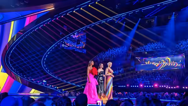The hosts of the semi-finals of the Eurovision Song Contest 2023, Alesha Dixon, Julia Sanina and Hannah Waddingham, on stage at the dress rehearsal of the first